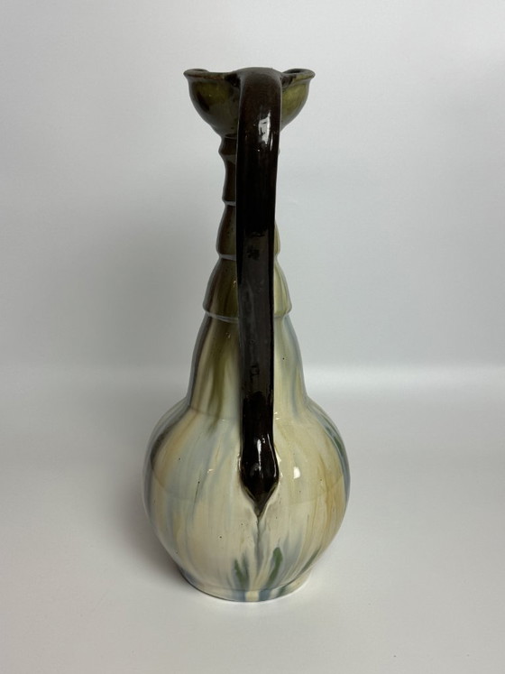 Image 1 of Pichet vintage en céramique émaillée multicolore brillante avec poignée, conçu par Eugene Losson pour Bouffioulx, années 1960.