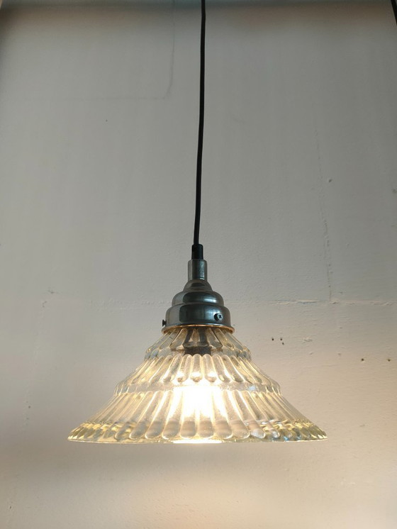 Image 1 of Set of 3 Glass Pendant Lights Holophane Style