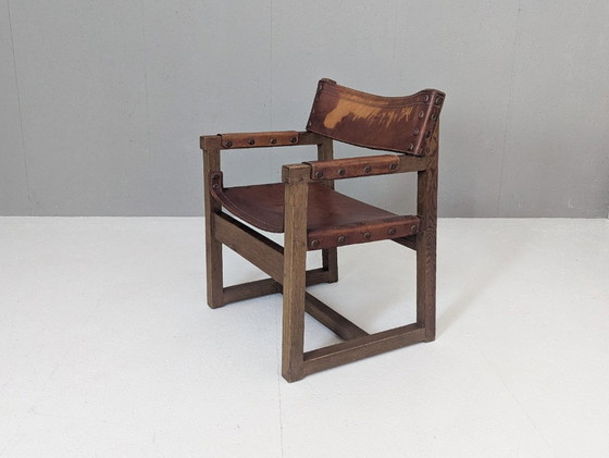 Image 1 of Spaanse Brutalistische Leren Fauteuil van Biosca, 1950