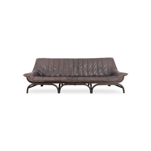 Canapé italien style années 50, design bambou, cuir marron