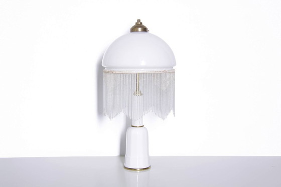 Image 1 of Tafellamp met glazen kap, opaalglas en glazen kralen, 55 cm, vintage jaren 70