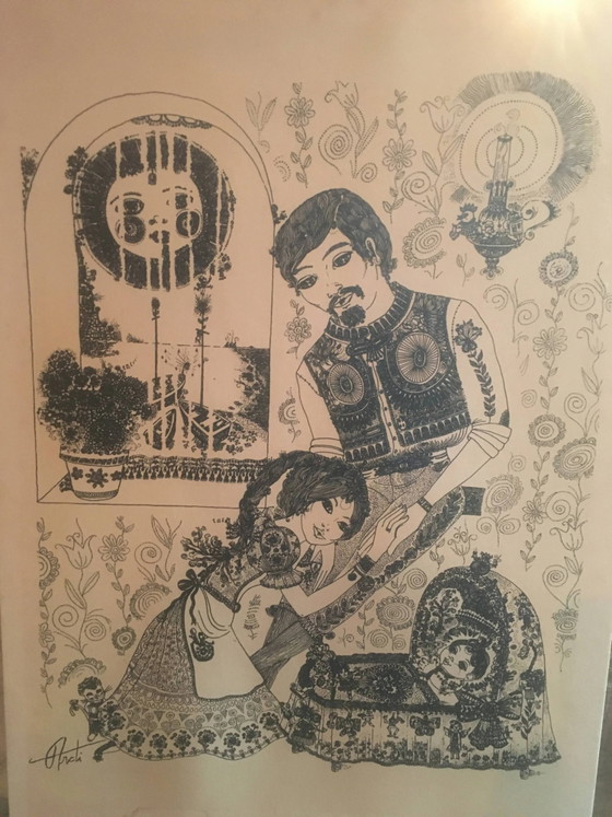 Illustration/signierter Papierdruck, gerahmt, 60er/70er Jahre – Gemälde & Zeichnungen, Paper, Vintage (photo 2 of 10)