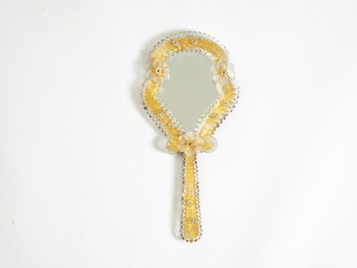 Beautiful Venetian Mid-Century Modern hand or wall mirror with Murano glass rosettes. Made in Italy
