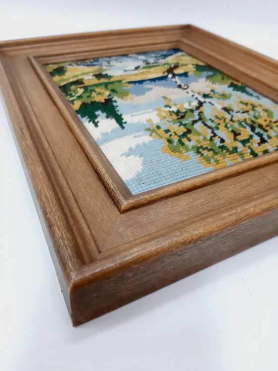 Image 1 of Vintage Duitse handnaaldpunt, Gobelin, zomerlandschap, ingelijst