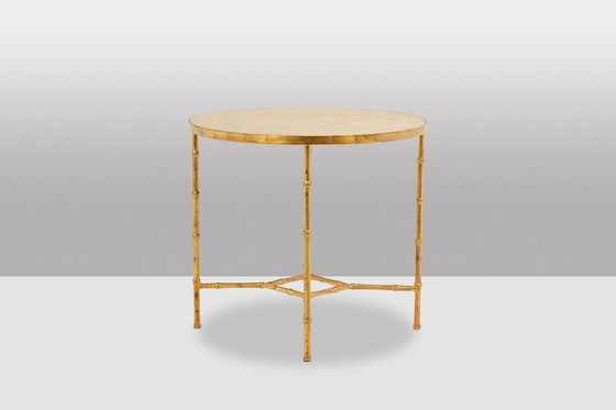 Image 1 of Pedestal table. Gilt metal base and grey marble top. 20th century.