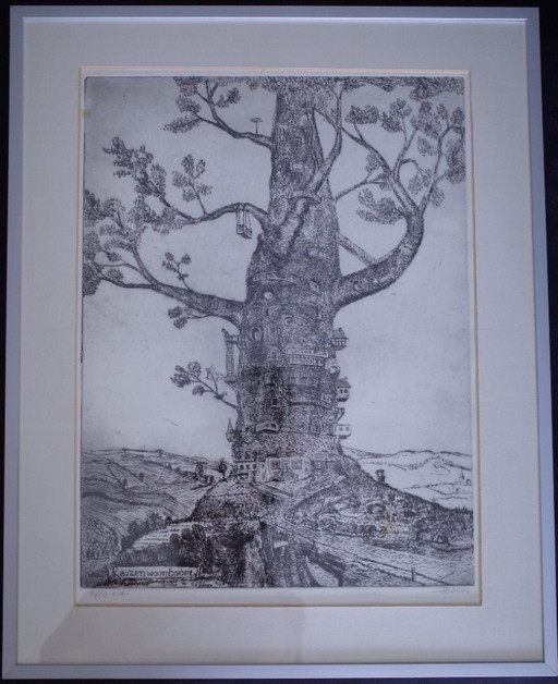 Eau-forte - Reuzenwoonboom / Village dans un arbre