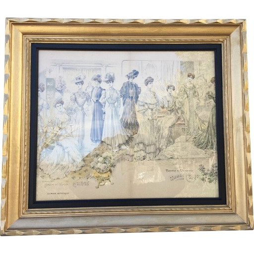 Vintage painting with gilded wood frame, France