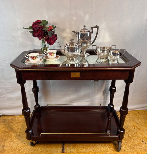 Original Vintage Rémy Martin Chariot de service à deux étages - Dessus en miroir, accents en laiton et plateaux latéraux