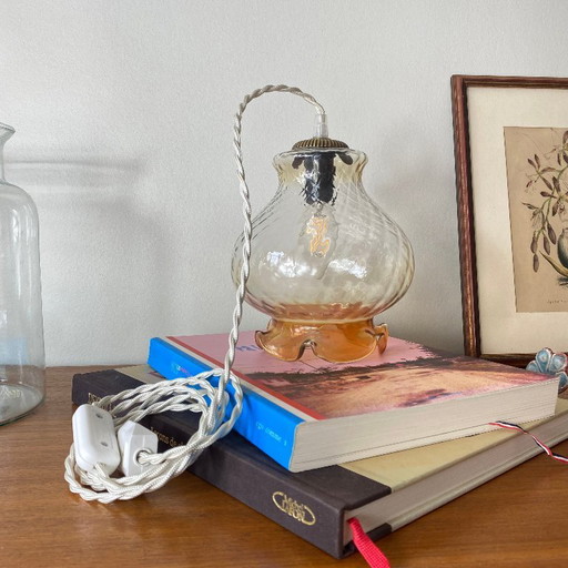 Antique tulip-shaped portable lamp in clear and gold glass