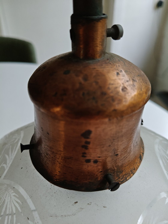 Image 1 of Vintage Copper Pendant Lamp with Etched Glass Shade