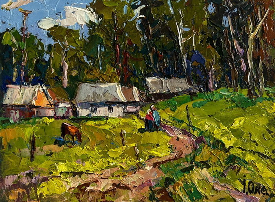 Image 1 of Original Oil Painting Summer Houses Landscape On the edge of the village