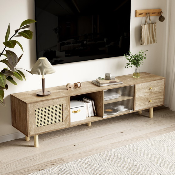 Image 1 of Urban Meuble TV-meubel in houtlook van rotan en glas met lades 172*35*48 cm