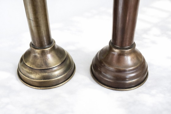 Image 1 of Pair Vintage DHR Holland Brass Spring Candle Lamps - Etched Glass Shades