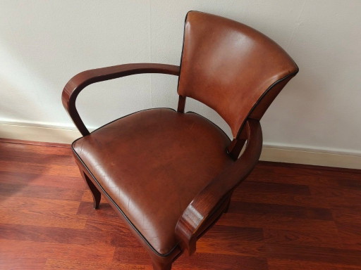 Paar vintage massief beukenhout Bridge stoelen, 1950 – fauteuils, Leather, Wood (photo 2 of 5)