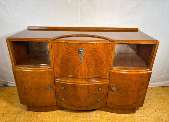 Image 1 of Art Deco Vintage Burr Walnut Cocktail Cabinet / Sideboard by Beautility Circa 1930–1940  A truly stunning Art Deco cocktail cabi