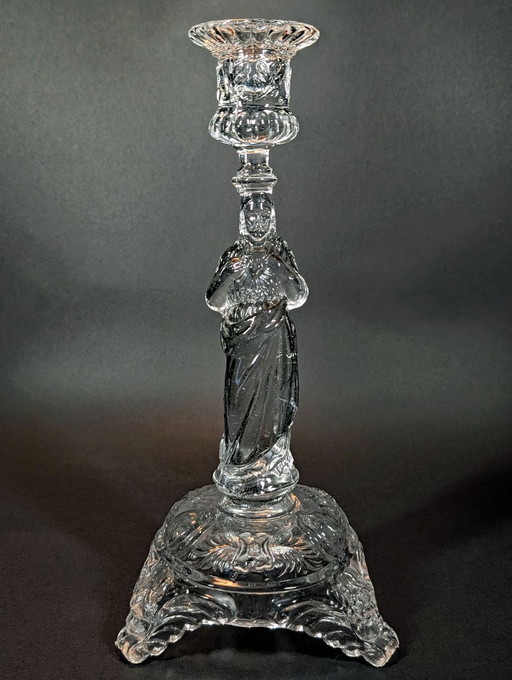 Antique "Sacred Heart" Crystal Candlestick (1900-1930) UV Reactive (Val Saint Lambert/Portieux)