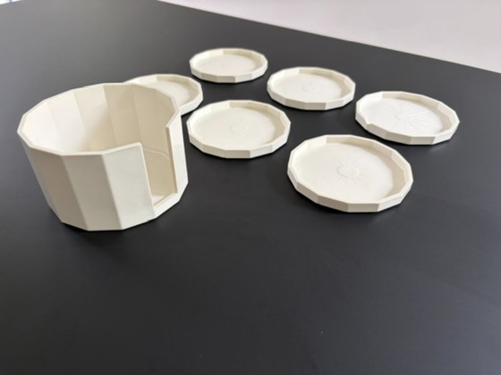 Image 1 of Vintage plastic coasters with holder | Set of 6 | Geometric | Cream