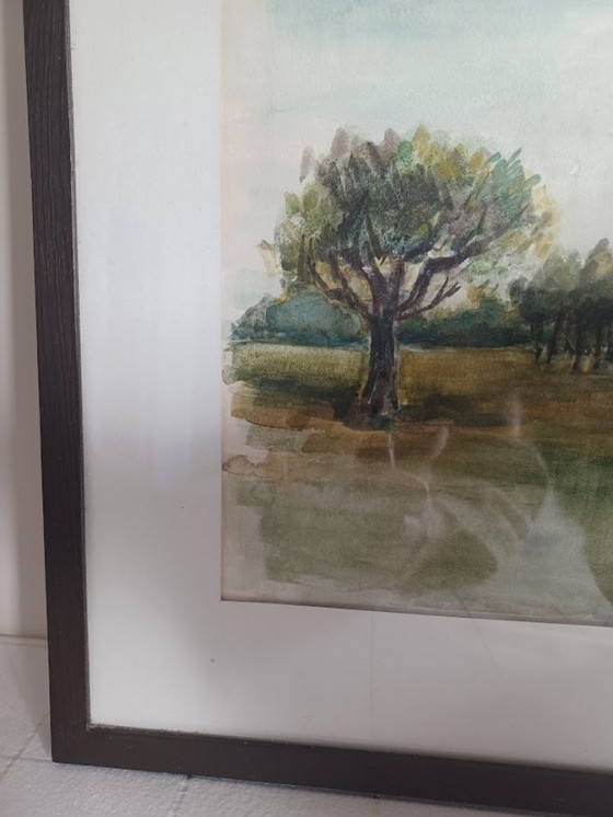 Image 1 of Serene watercolor with grazing cows – Bauwens ’36 – 43x52 cm”