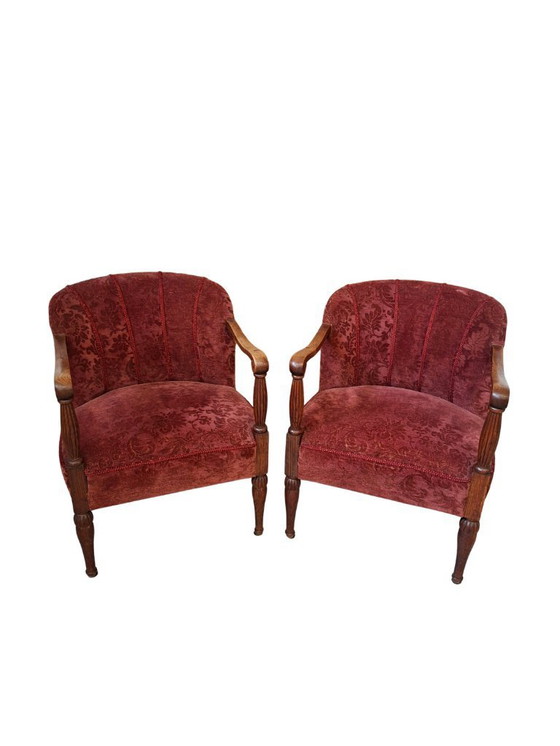 Image 1 of Élégante paire de fauteuils vintage en chêne et velours damassé des années 1960