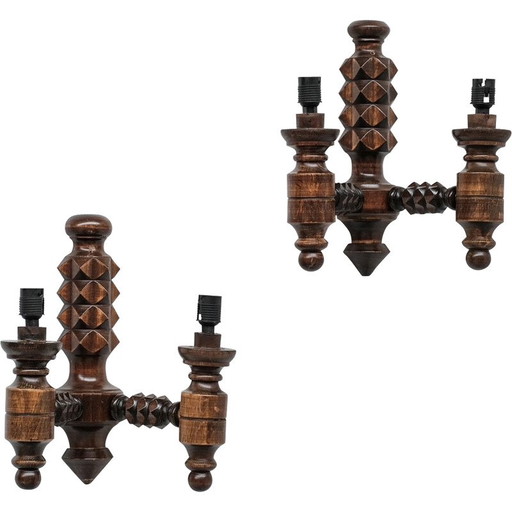 Pair of vintage wooden wall lights, France