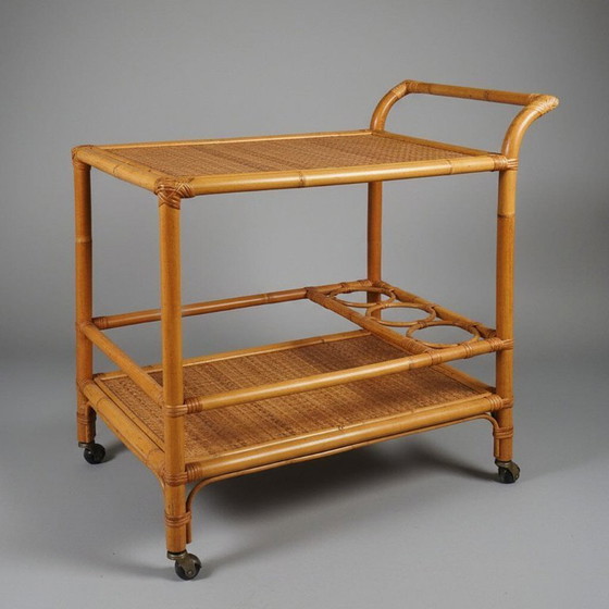 Image 1 of 1960s Italian Mid-Century Modern Bamboo & Rattan Bar Cart. Made in Italy