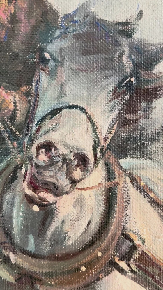 Image 1 of Peinture à l'huile originale vintage représentant un cheval, grande œuvre murale équestre signée