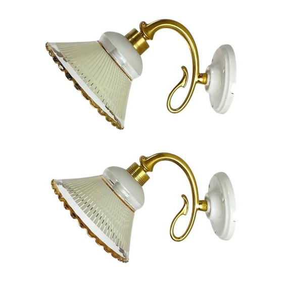Pair of Antique Brass Wall Sconces with Flared Glass Tulip Shades and Gilding – Wall lights (photo 9 of 9)