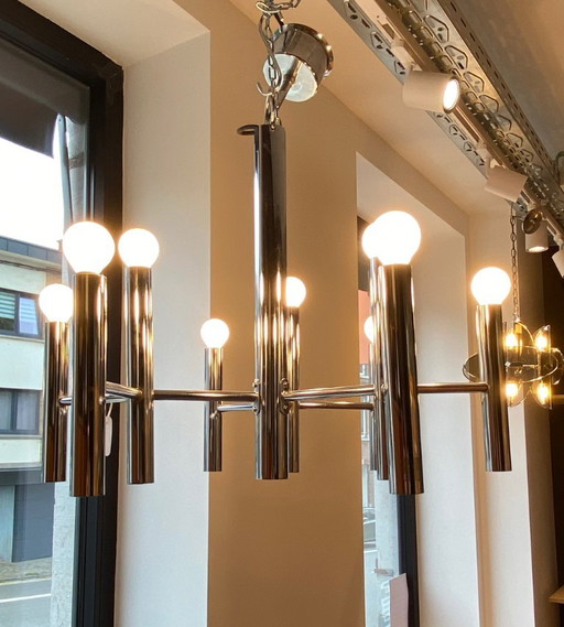 Lustre vintage chromé à 3 triple bras de lumière, attribué à Gaetano Sciolari – kroonluchters, Metal, Chrome