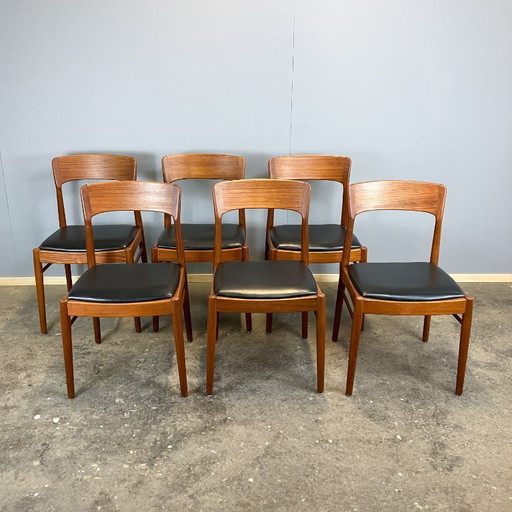 Set di 6 sedie da pranzo di Henning Kjaernulf per Korup Stolefabrik, teak e pelle, anni '60