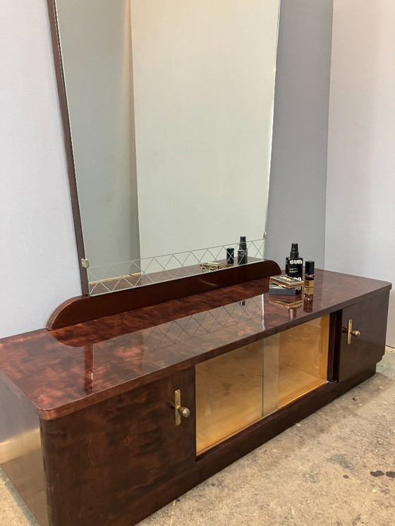 Image 1 of Specchio a figura intera, cassettiera a specchio con anta scorrevole in vetro in betulla fiammata, anni '50, restaurata