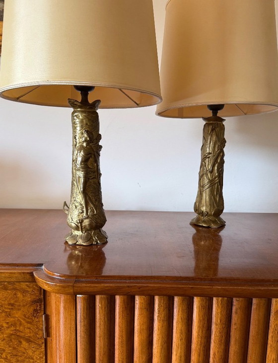 Art Nouveau Set of 2 Bronze Table Lamps, Paul Louchet France Ca. 1900s (photo 3 of 10)