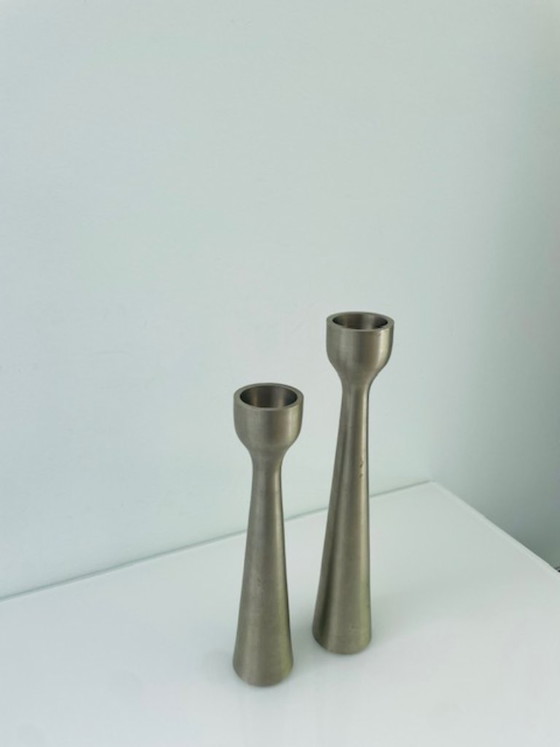 Image 1 of Scandinavian candlesticks of brushed steel – set of two