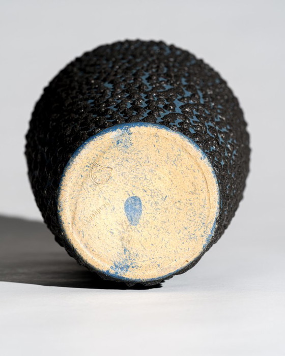 Image 1 of Large Albert Kiessling Textural Lava Relief Studio Ceramic Vase Blue and Black