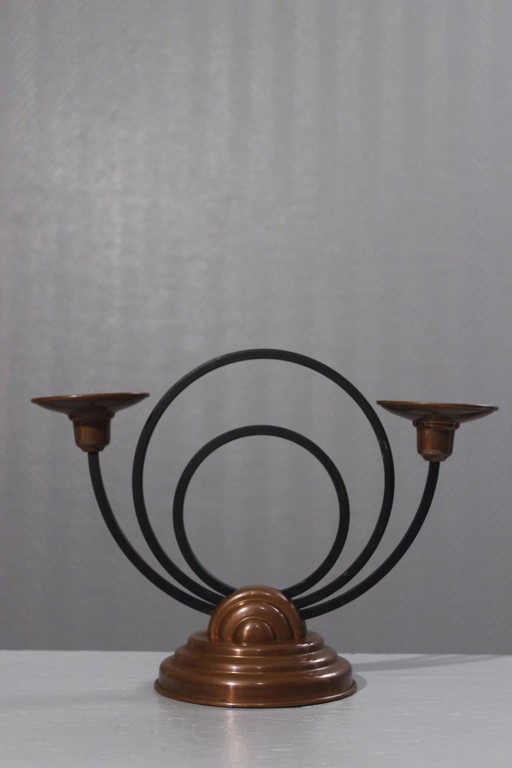 Modernist copper & iron candle holder candelabra Villedieu France 1930s Art Deco