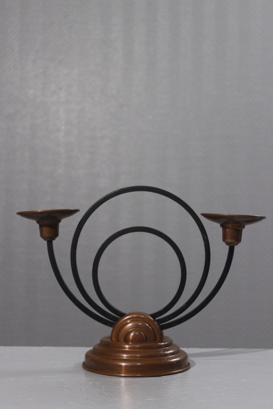 Image 1 of Portacandele modernista in rame e ferro, Villedieu, Francia, anni '30, Art Déco