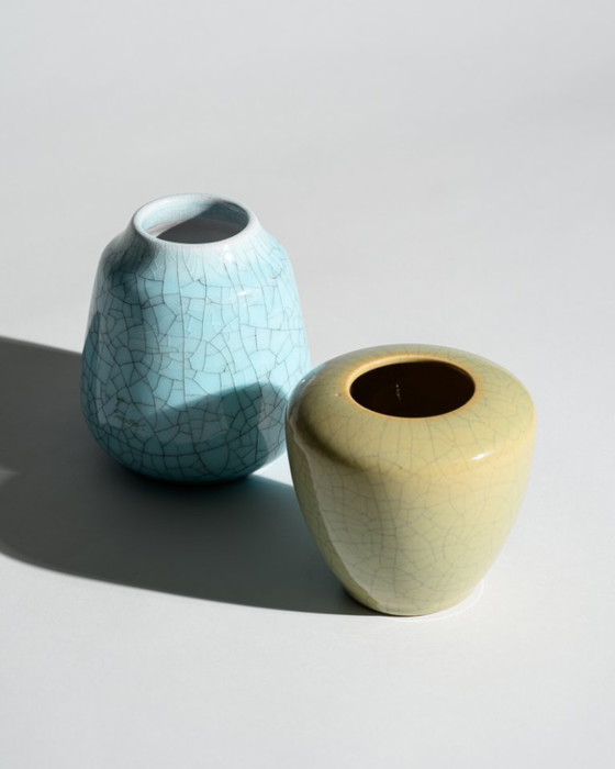 Image 1 of German Art Deco Crackle Glaze Ceramic Vase Duo Fürst Adolf Werkstätten Bückeburg