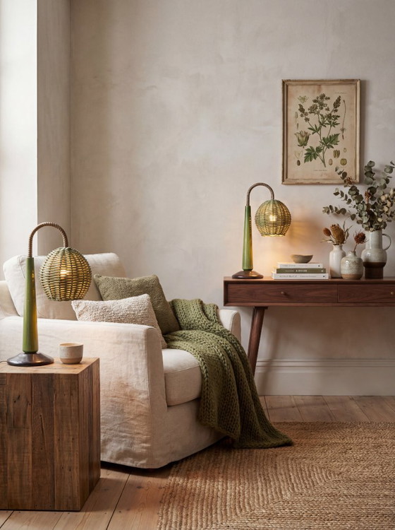 Image 1 of Lampade in rattan verde in stile moderno organico Mario Lopez Torres, anni '80