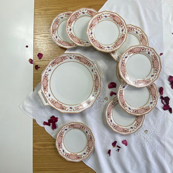 Image 1 of Antique Limoges porcelain dessert service by A. Lanternier & Cie, comprising 10 plates and a cake stand