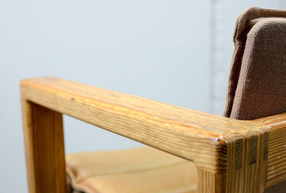 Image 1 of Mid-Century Pair of Dutch Design Camel Leather Cubic Pinewood Side Chairs by Ate van Apeldoorn for Houtwerk Hattem. 1960s.