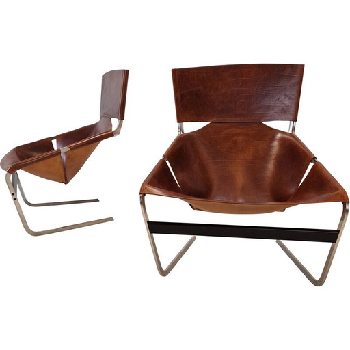 Paire de fauteuils vintage modèle F444 en chrome et cuir par Pierre Paulin pour Artifort, Pays-Bas 1960