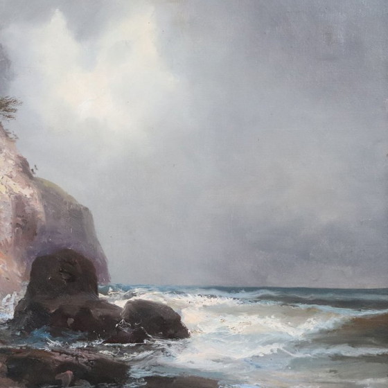 Image 1 of Seascape with Cliff, Oil Painting on Canvas, Italy 20th Century