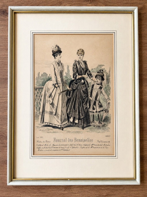 Antique French Fashion Print Journal des Demoiselles Framed – schilderijen tekeningen, Paper (photo 2 of 5)