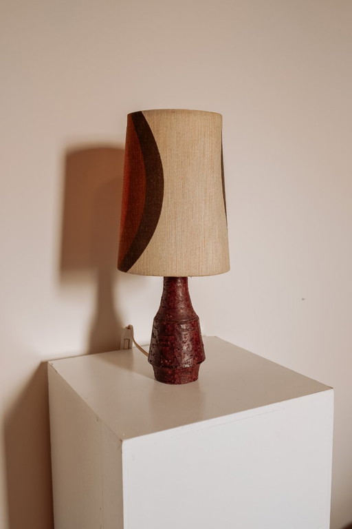 Vintage earthenware table lamp with seventies lampshade