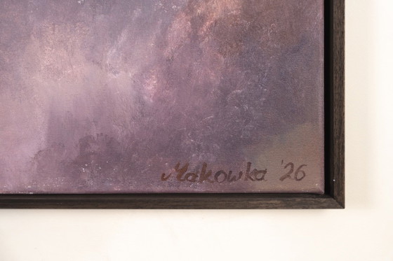 Large Original Framed Abstract Landscape Painting in Pink and Blue - A Doorway for Later (photo 3 of 19)