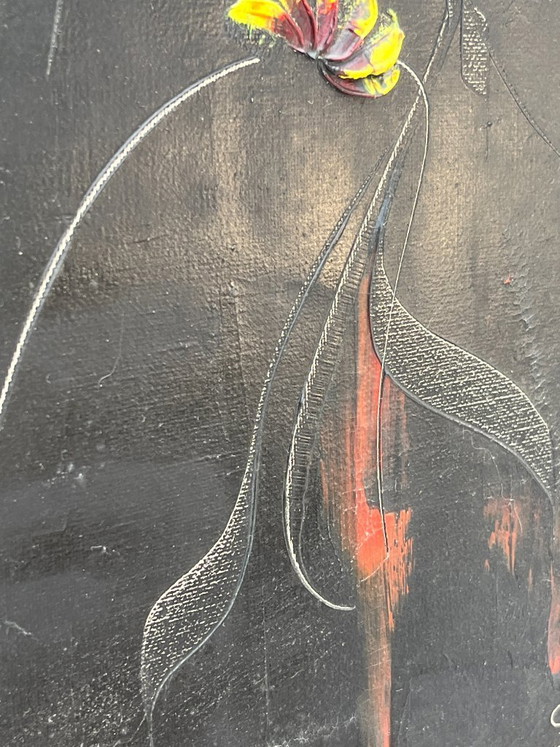 Image 1 of Vintage painting by S. Dewael, 1974, floral composition on a black background