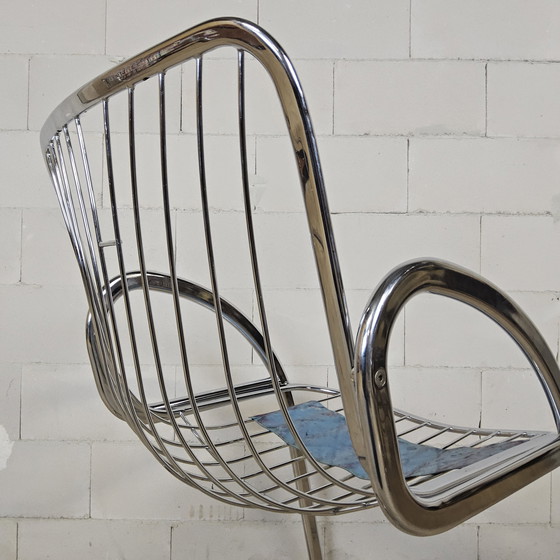 Image 1 of Vintage Gastone Rinaldi voor Rima chroom & rookglas eettafel + stoelen met kleurrijke bekleding (Itiliaans design)