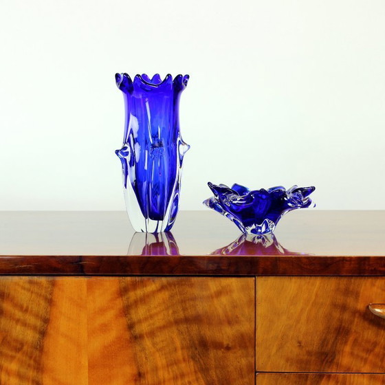 Image 1 of Cobalt Blue Art Glass Set By Jaroslav Taraba For Lednické Rovne, Czechoslovakia, 1960s
