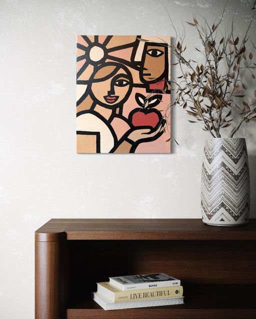 Contemporary woman with apple line art original artwork Alexandre.