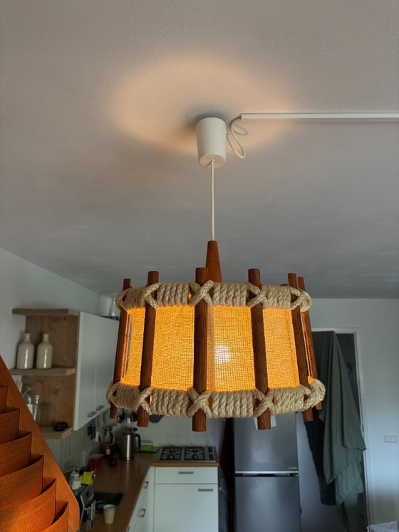 Lampada a sospensione vintage, in legno e corda, anni '60-'70 – Lampade a sospensione, Textile, Wood (photo 7 of 14)
