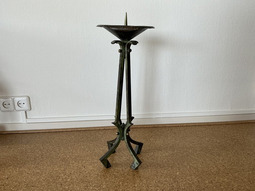 Candelabro antiguo de cobre, pátina verde – kandelaars en kaarsen, Copper